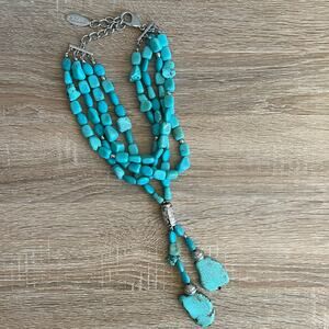 Chico's Faux Turquoise Bead Quad Strand Y Chunky Necklace Silver Tone
